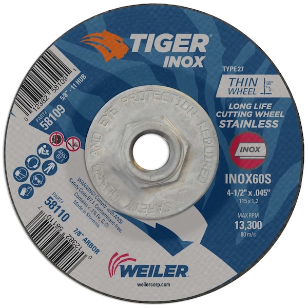 Weiler Type 27, 4-1/2 in Dia, 0.045 in Thick, Aluminum Oxide, 60 Grit 58109 - main